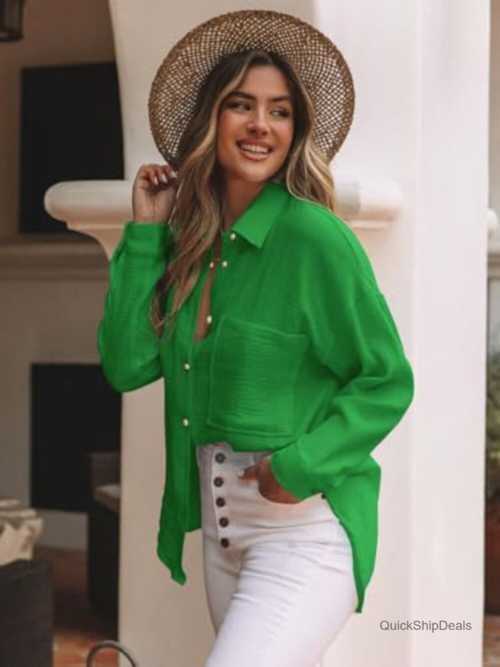 Oversized Cotton Button Down Long Sleeve Blouse with Pockets - Picture 4 of 4